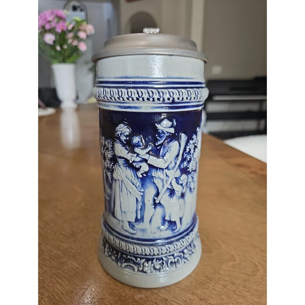 Old Gerz West German Beer Stein Cherub Stoneware Pewter Lid 8